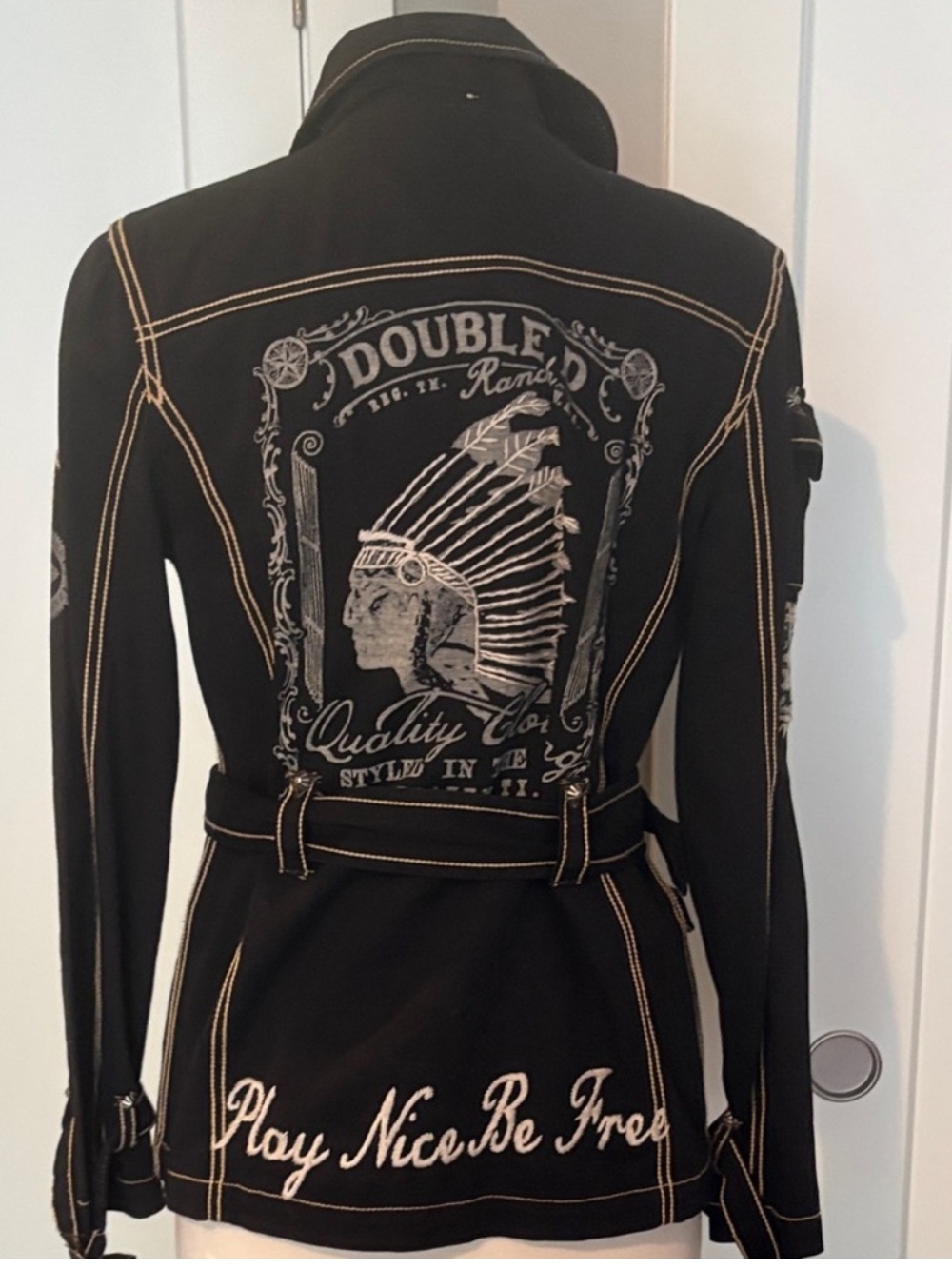 Double D Ranch Embroidered Belted Utility Jacket indian chief headress play nice